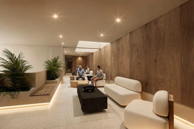Resident lounge with wood-paneled walls and modern seating