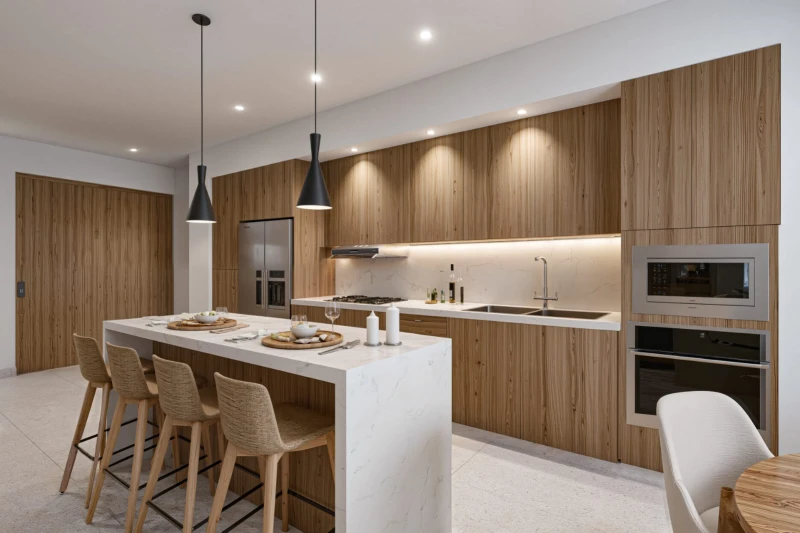 Modern kitchen with a large island and wood cabinetry