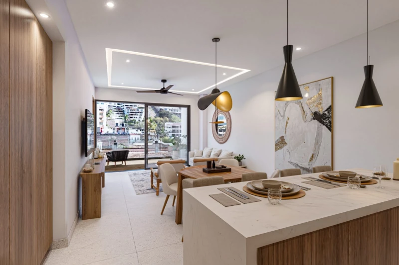 Kitchen and dining area with pendant lighting and garden view