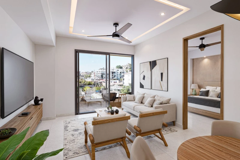Bright living room opening onto a balcony at The Cosmopolitan