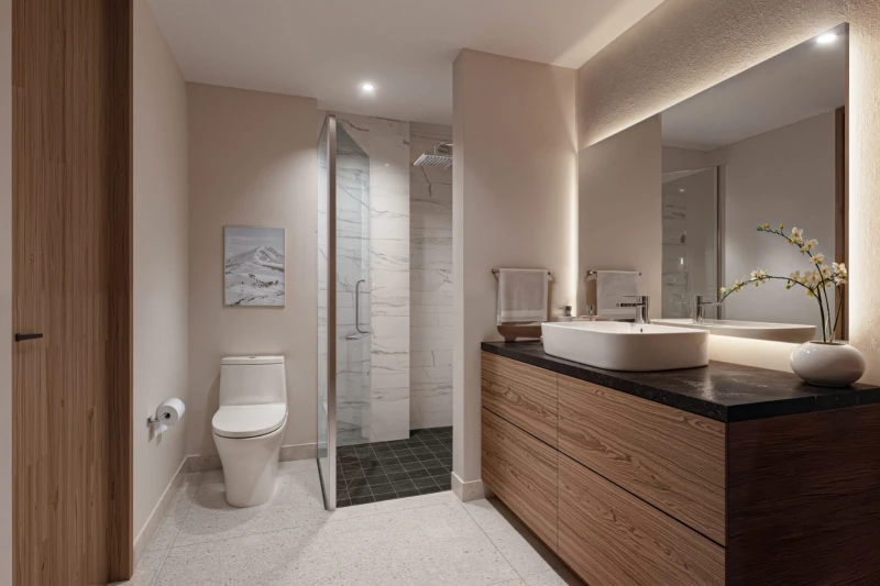 Modern bathroom with walk-in shower and double vanity