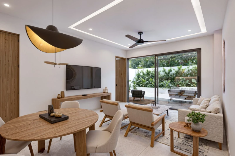 Open-plan living and dining room with floor-to-ceiling windows