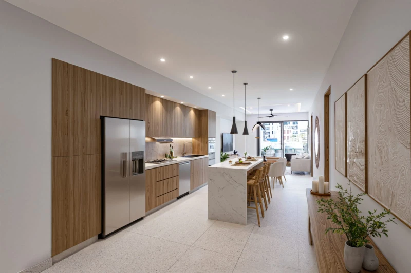 Contemporary kitchen and hallway with built-in storage